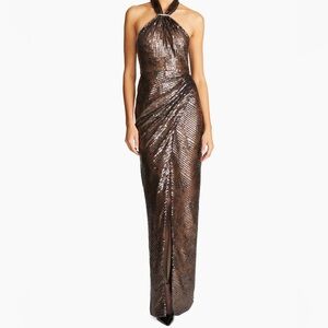 Halston Umbra Sequin Lace Halter Gown